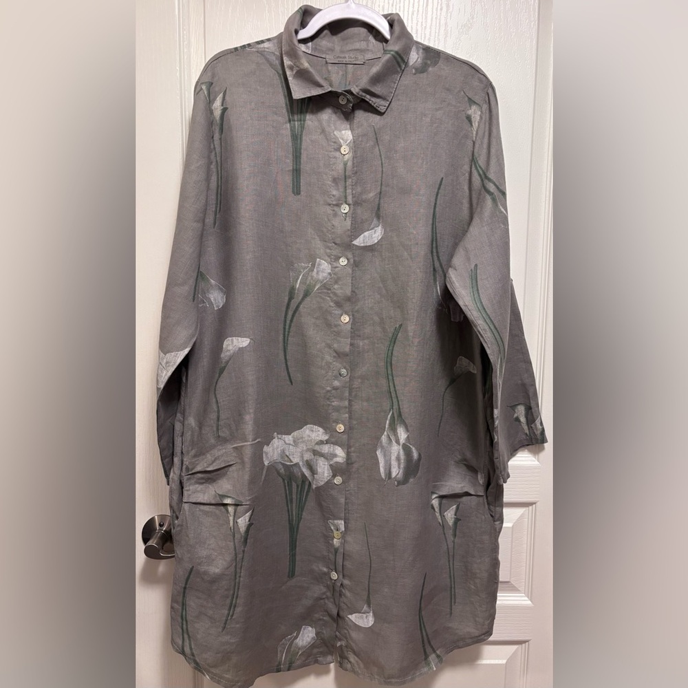 Catwalk Studio Linen button down Dress made in Italy OS grey with pattern